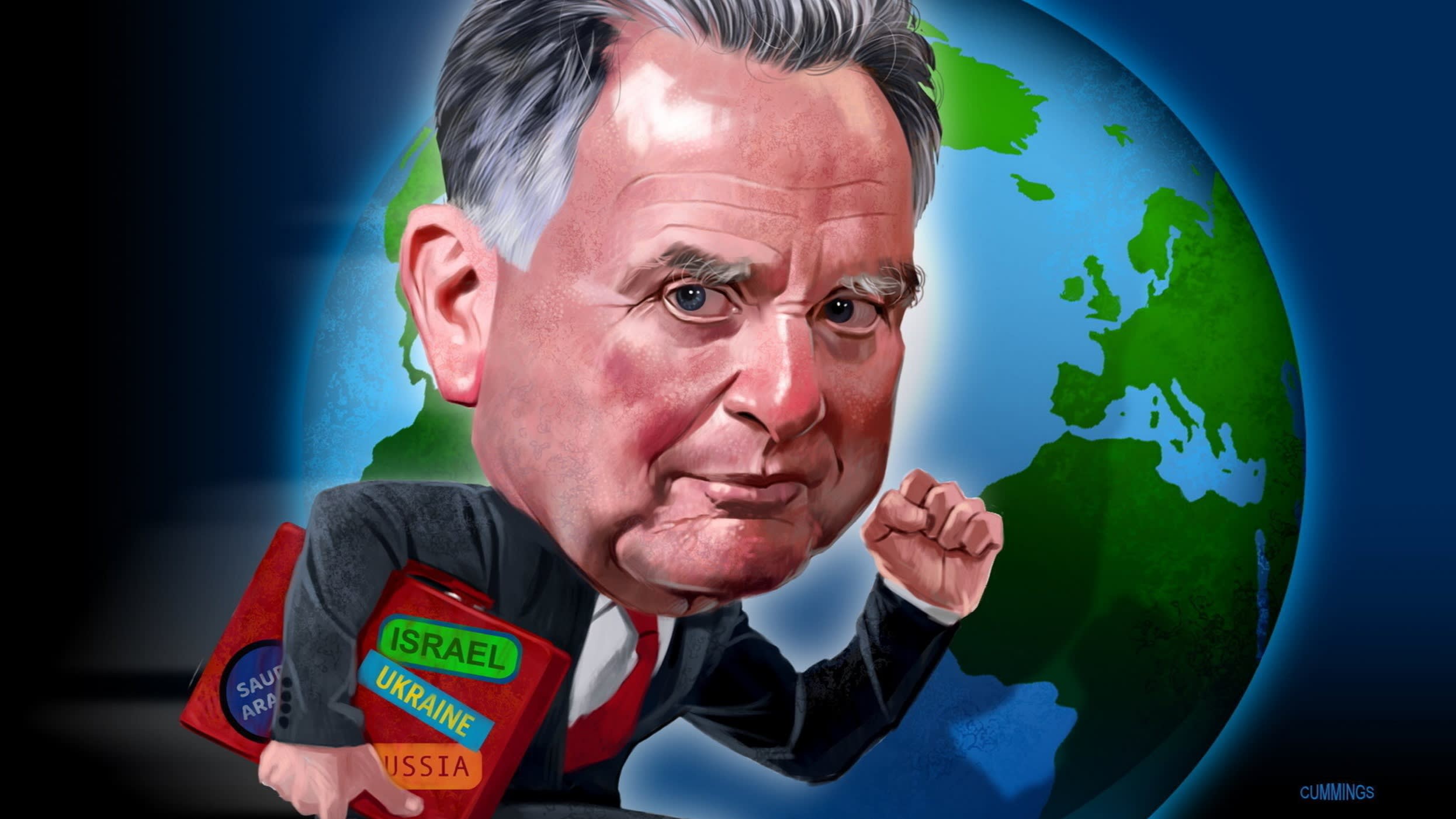 Caricatura de Steve Witkoff con maletín etiquetado con países como Arabia Saudita, Israel, Ucrania y Rusia