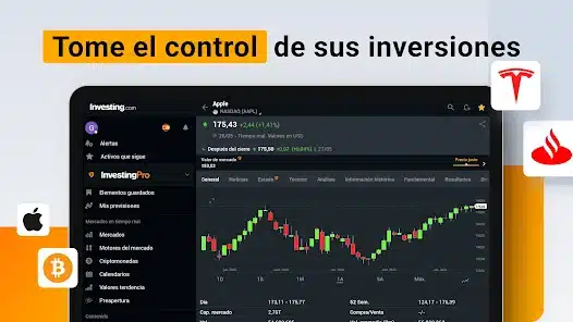 Interfaz de herramientas financieras con gráficos de acciones y criptomonedas