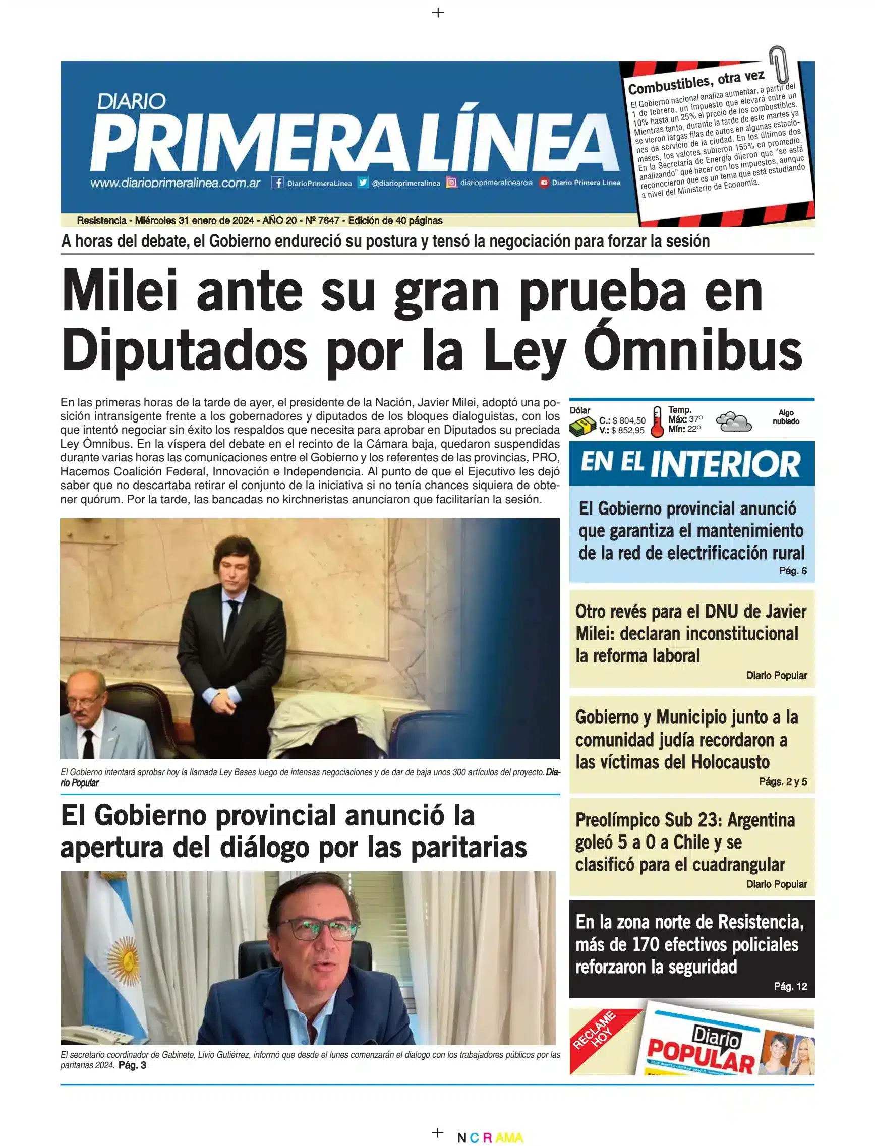Portada de diario sobre debates pol&iacute;ticos y econ&oacute;micos