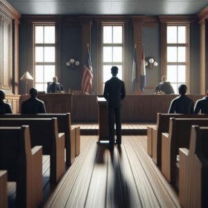 Escena de tribunal con persona frente al juez