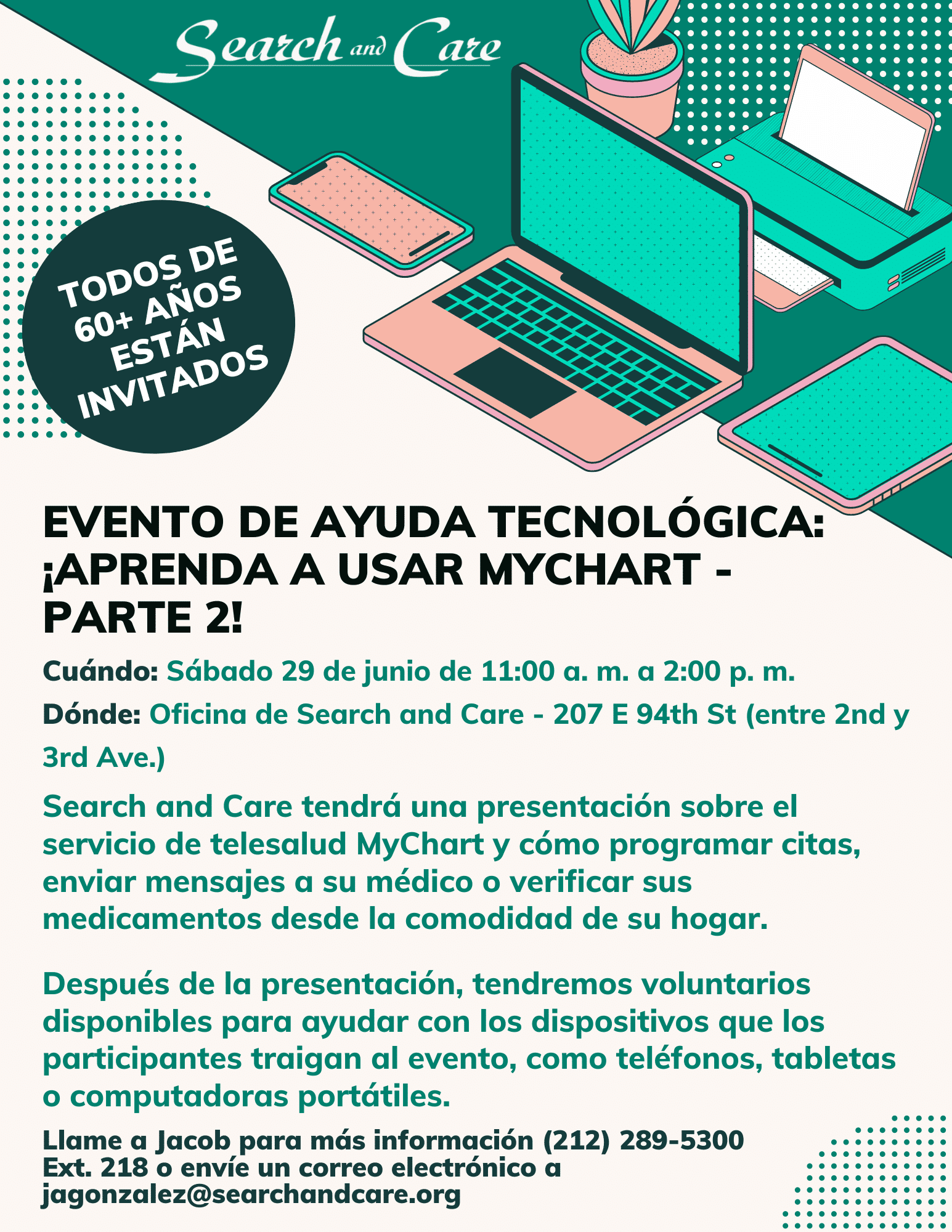 Cartel promocional de evento tecnol&oacute;gico con voluntarios