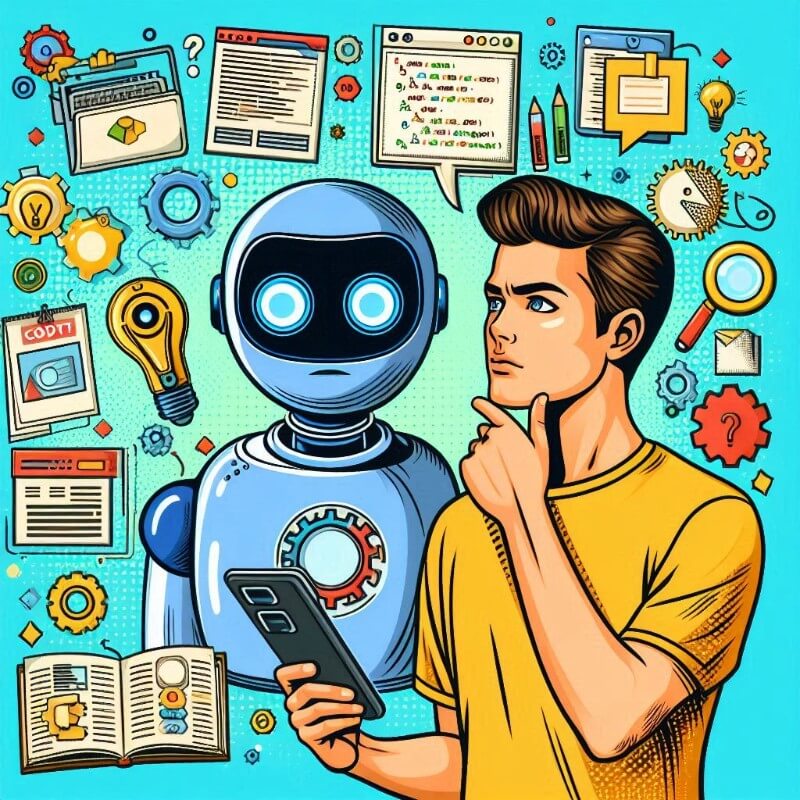 Hombre joven con tel&eacute;fono junto a robot amigable, con iconos de tecnolog&iacute;a