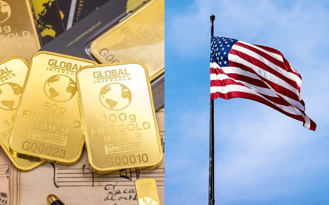 Lingotes de oro con tarjetas de autenticidad y bandera estadounidense