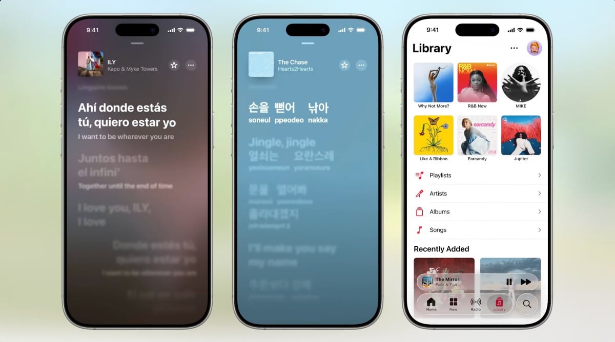 Pantallas de aplicación de música mostrando letras y biblioteca