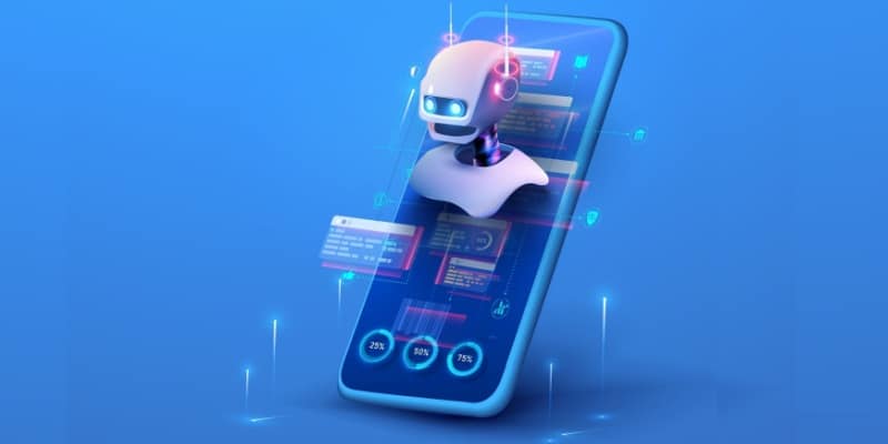 Tel&eacute;fono m&oacute;vil con robot animado representando desarrollo de apps con IA