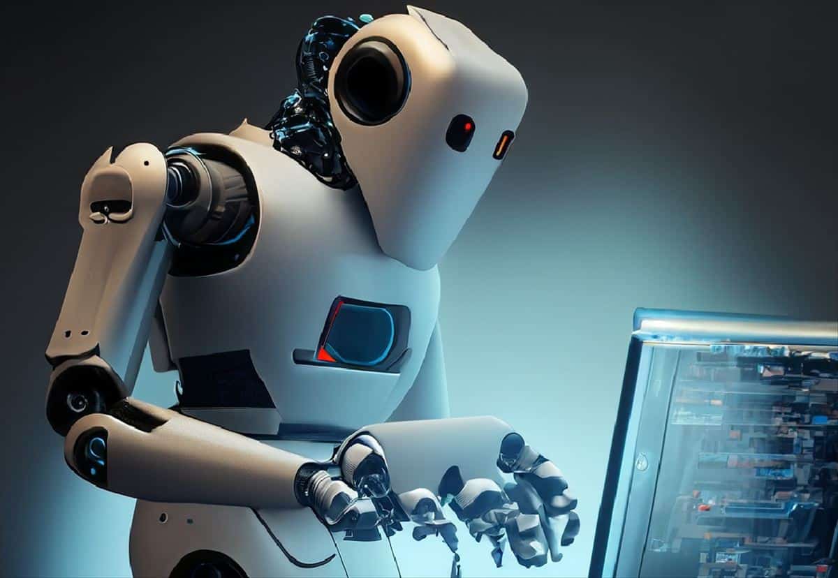 Robot de inteligencia artificial programando en una computadora