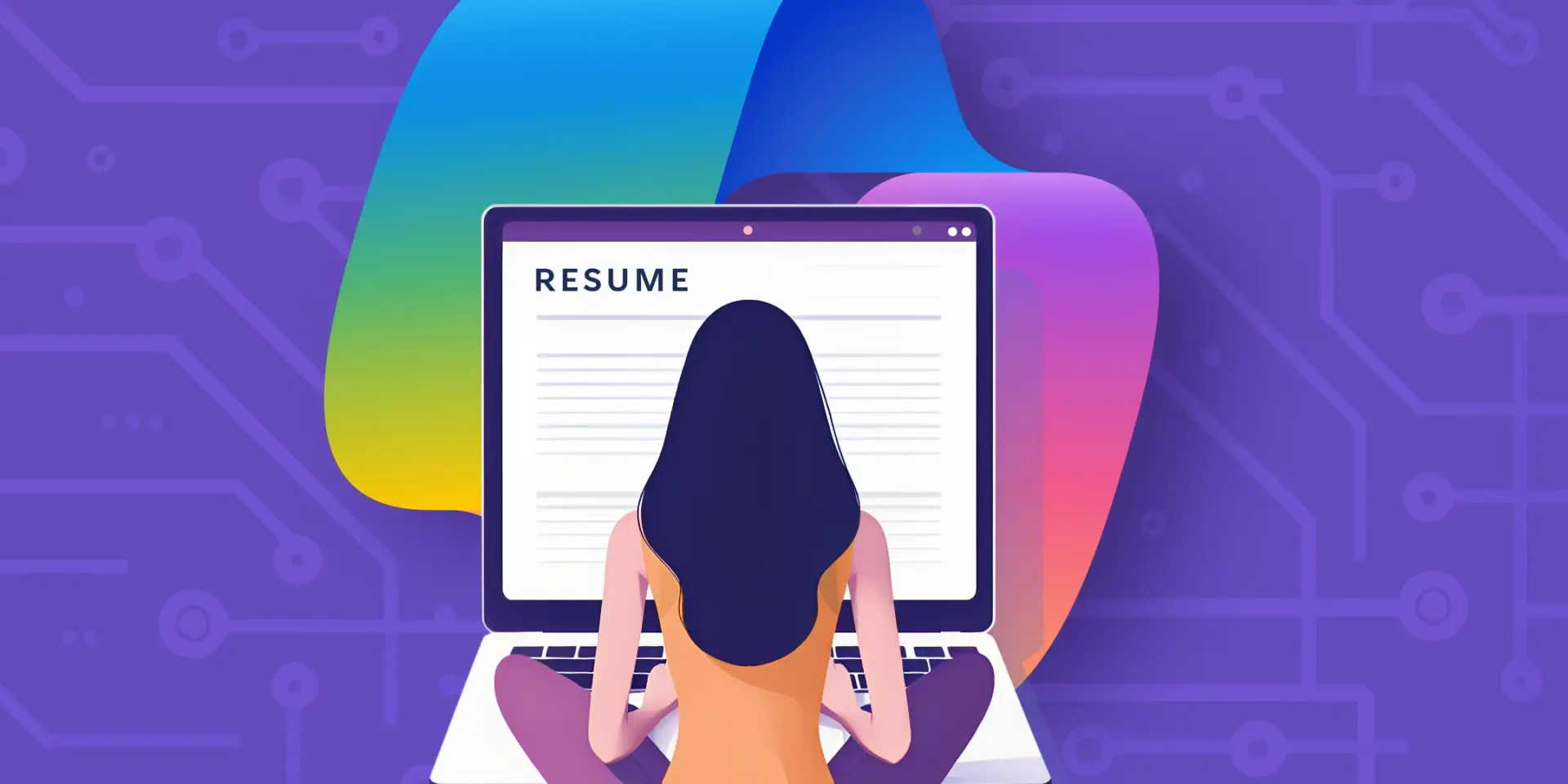 Mujer revisando curr&iacute;culum en laptop con fondo tecnol&oacute;gico