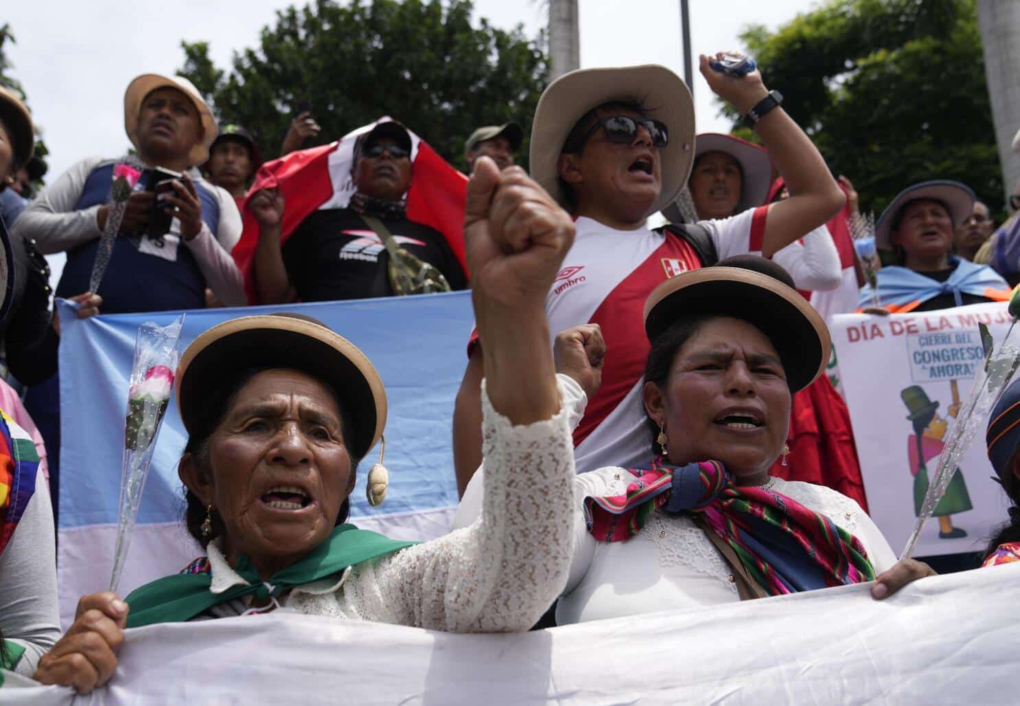 Manifestantes en protesta con pu&ntilde;os en alto y banderas