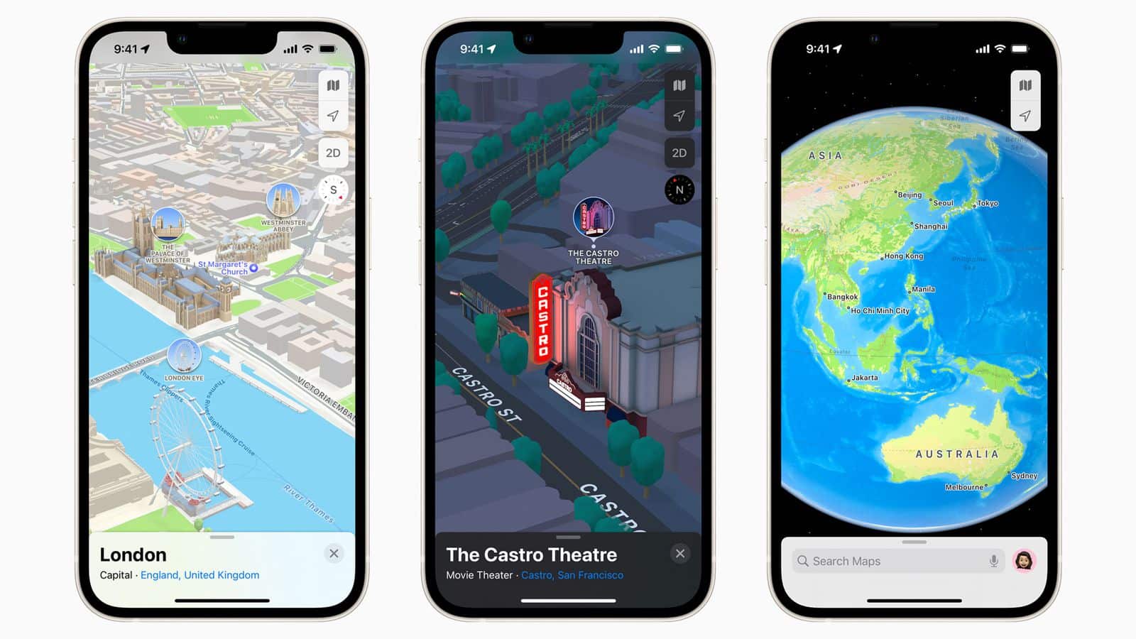 Interfaz de Apple Maps mostrando diferentes vistas en iPhone