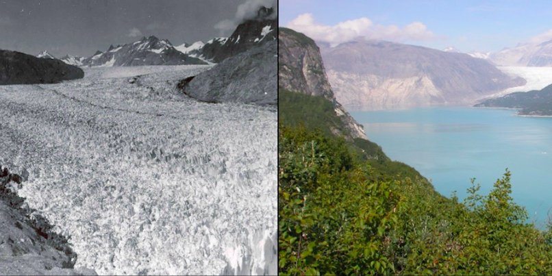 Contraste de un glaciar en blanco y negro vs. color mostrando su retroceso