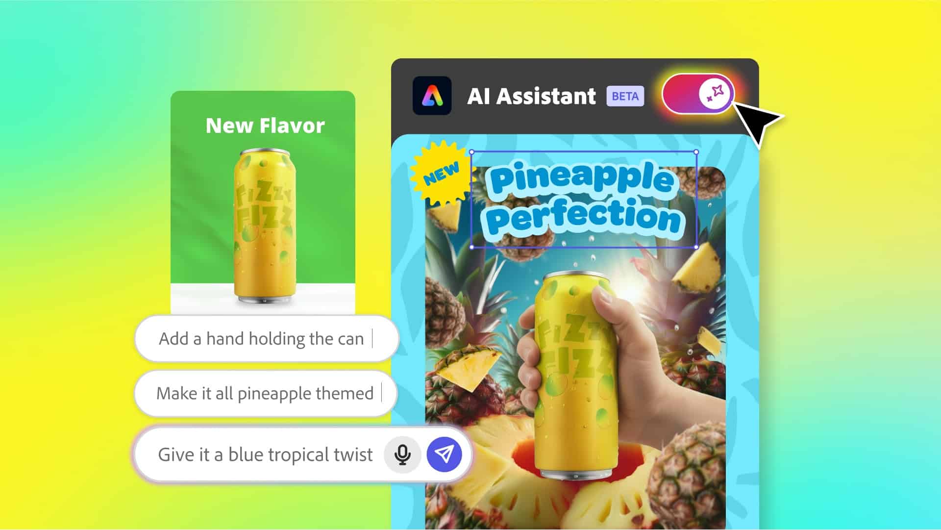 Interfaz del asistente de IA de Adobe Express mostrando personalización de una lata de bebida