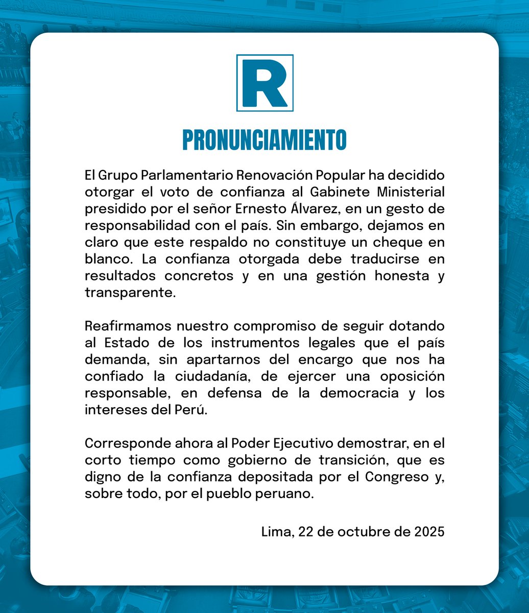 Documento del Grupo Parlamentario Renovaci&oacute;n Popular sobre el voto de confianza