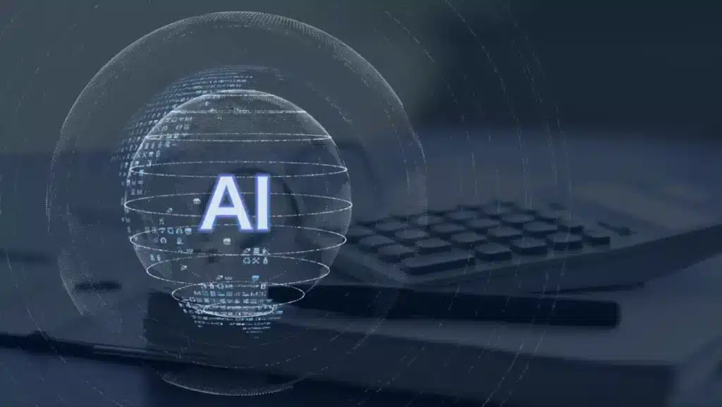 Fondo con globo terráqueo digital destacando IA, calculador y documentos en un entorno empresarial