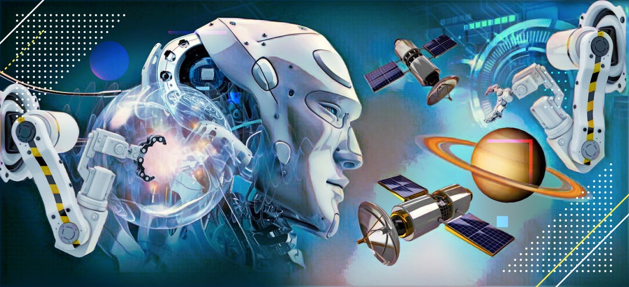 Composici&oacute;n digital de IA y tecnolog&iacute;a espacial con sat&eacute;lites y elementos rob&oacute;ticos
