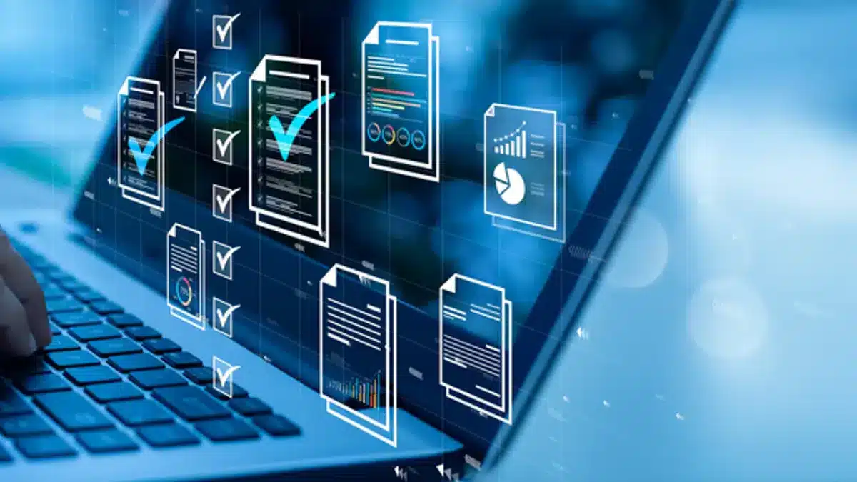 Interfaz de productividad con teclado y gráficos digitales