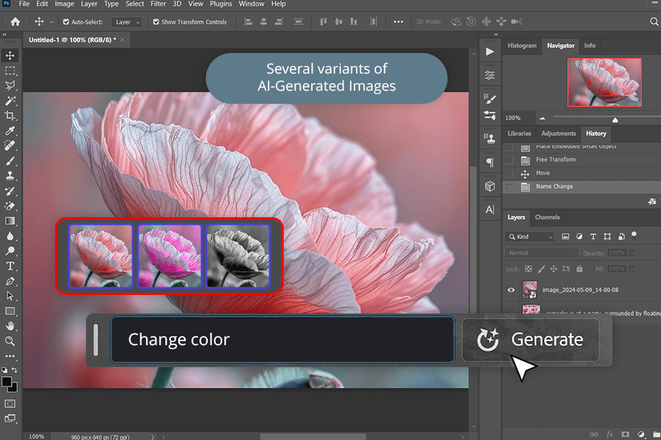 Interfaz de Adobe Firefly Image 5 mostrando edición por capas