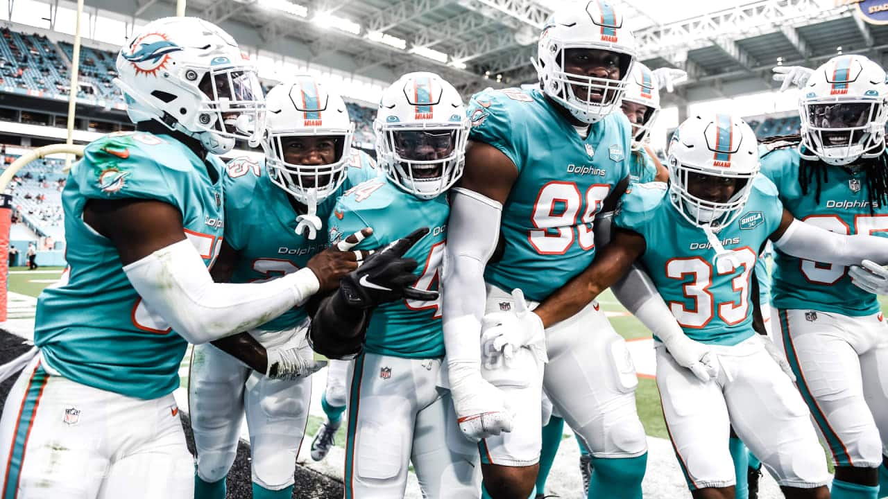 Jugadores de los Dolphins en celebración durante un partido