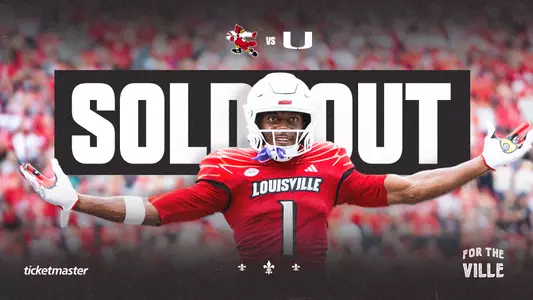 Dise&ntilde;o promocional del partido con etiqueta SOLD OUT, mostrando a un jugador de Louisville Cardinals
