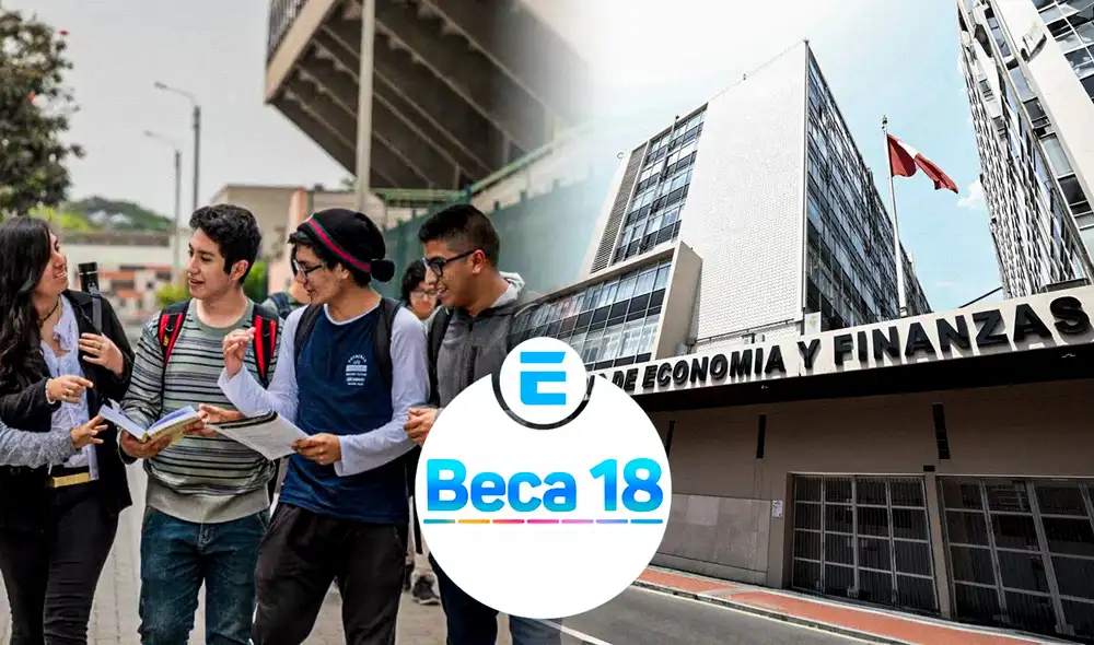 J&oacute;venes con libros y logo de Beca 18 frente al Ministerio de Econom&iacute;a y Finanzas
