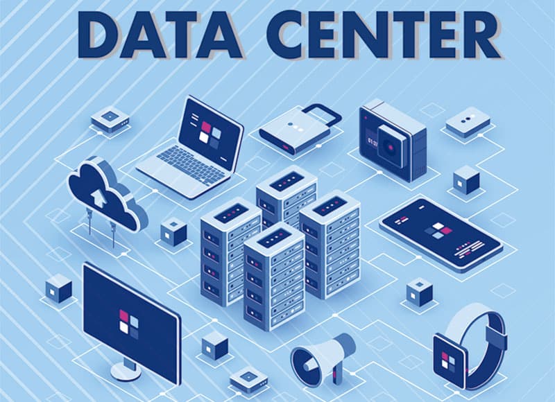 Dise&ntilde;o gr&aacute;fico de data center con servidores y elementos en la nube