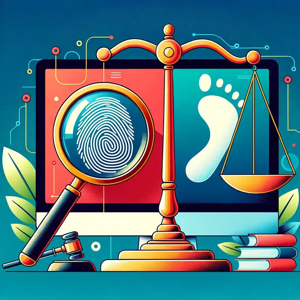 Balanza de justicia y elementos forenses