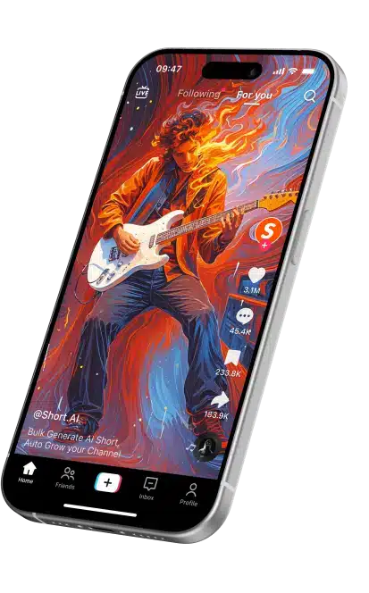 Interfaz de aplicación de videos generados por IA mostrando un músico con fondo colorido