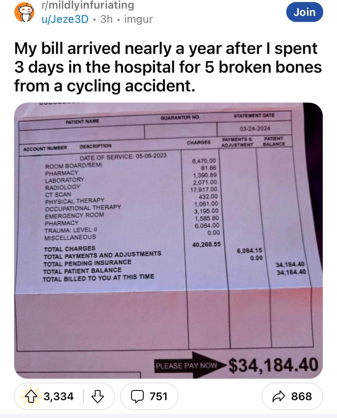 Factura médica hospitalaria con cargos elevados por accidente