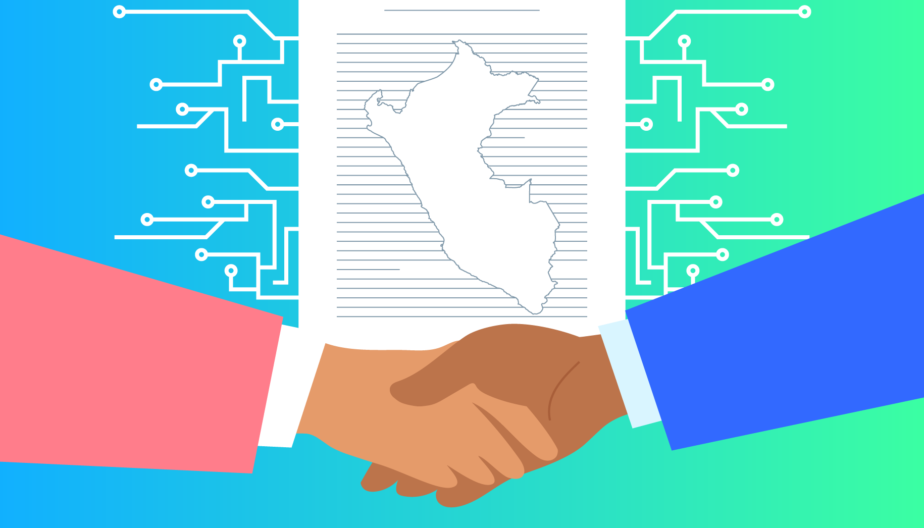 Dise&ntilde;o gr&aacute;fico que simboliza colaboraci&oacute;n y transformaci&oacute;n digital en Per&uacute;, con apret&oacute;n de manos, mapa del pa&iacute;s y circuitos electr&oacute;nicos