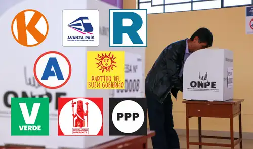 Votante en entorno electoral con urna de la ONPE y logotipos de partidos pol&iacute;ticos como Avanza Pa&iacute;s, Partido del Buen Gobierno, Verde y Un Cambio Diferente