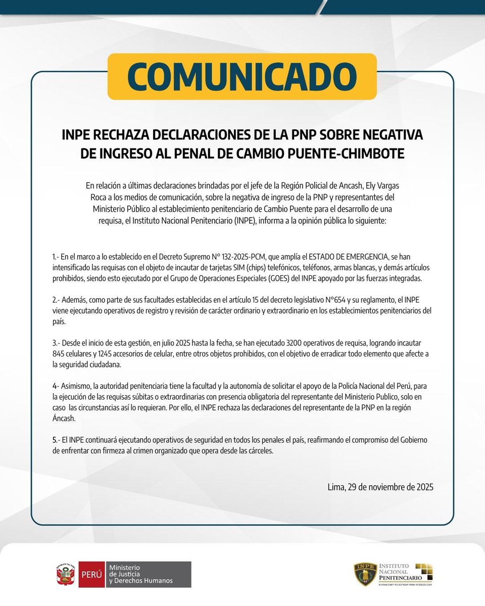 Comunicado oficial del INPE sobre requisas e incautaciones