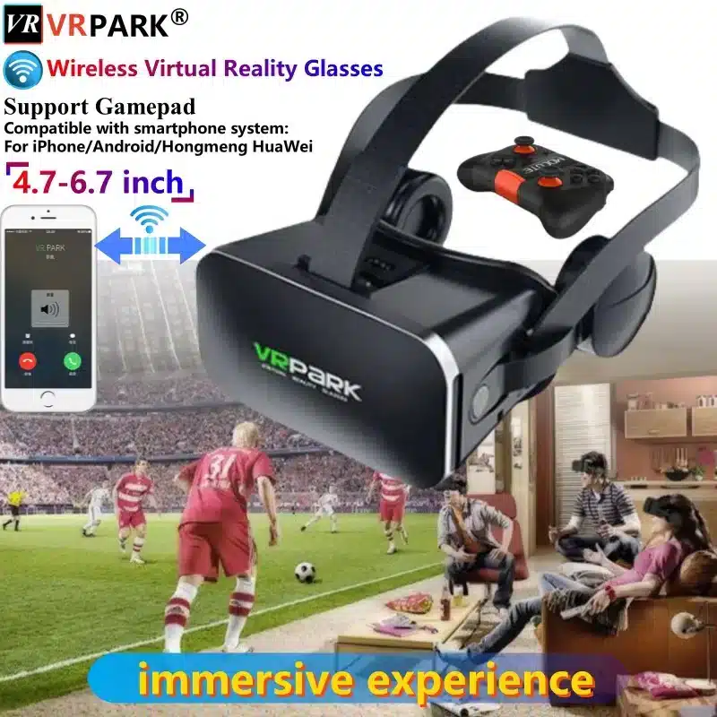Gafas de realidad virtual VR PARK mostrando una escena de fútbol, ejemplificando la experiencia inmersiva