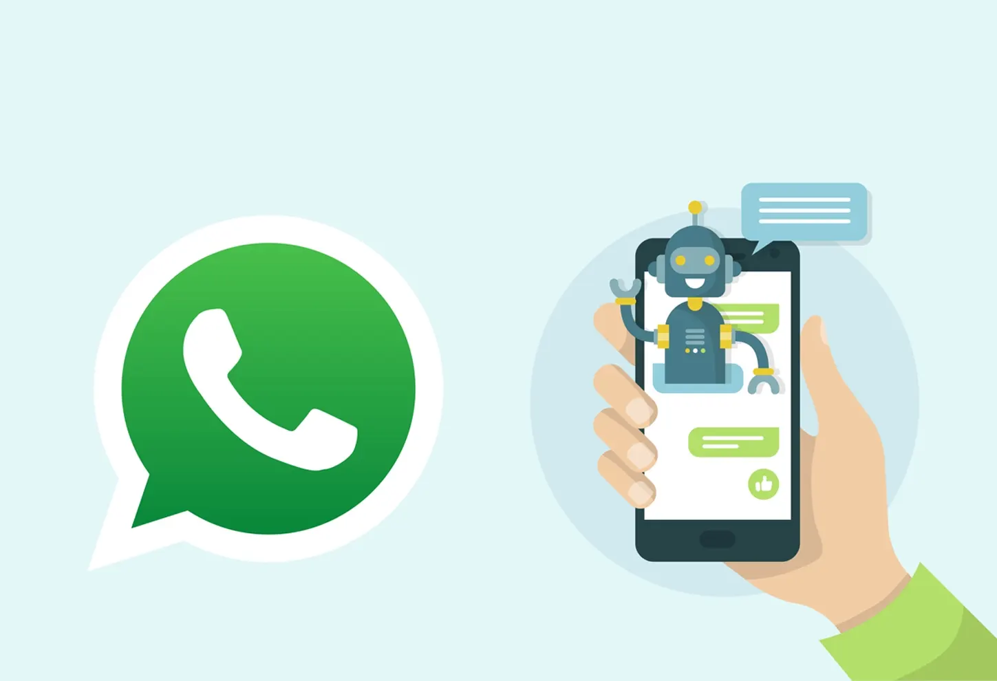 Representación de un chatbot de IA en un teléfono móvil junto al logo de WhatsApp