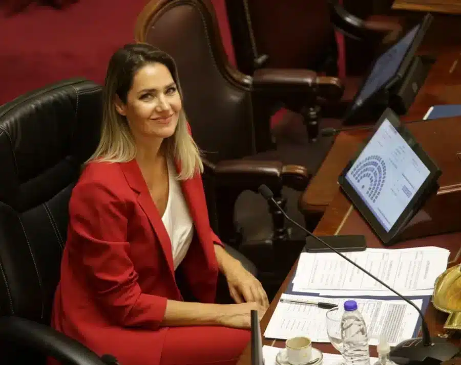 Senadora Carolina Losada en sesi&oacute;n legislativa, con atuendo rojo y sonriente, durante el debate de la reforma laboral