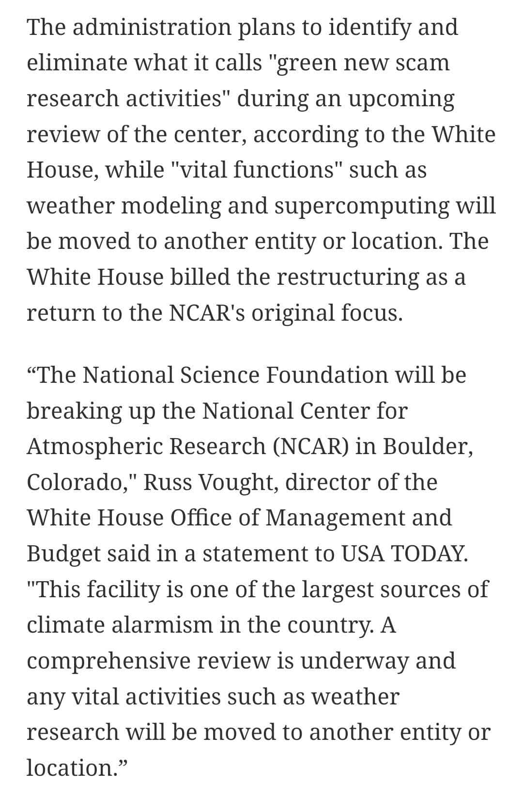 Captura de pantalla del artículo que discute el desmantelamiento del NCAR