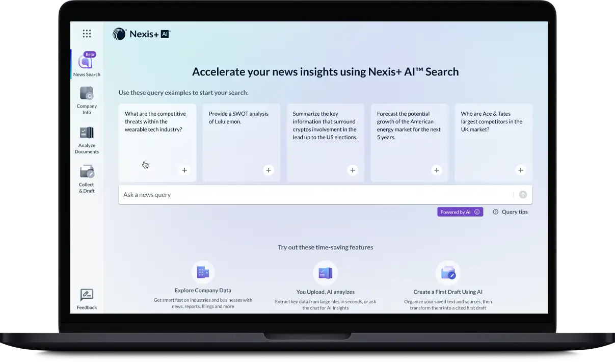 Interfaz de la aplicaci&oacute;n Nexis+ AI para b&uacute;squeda y an&aacute;lisis de noticias y datos empresariales