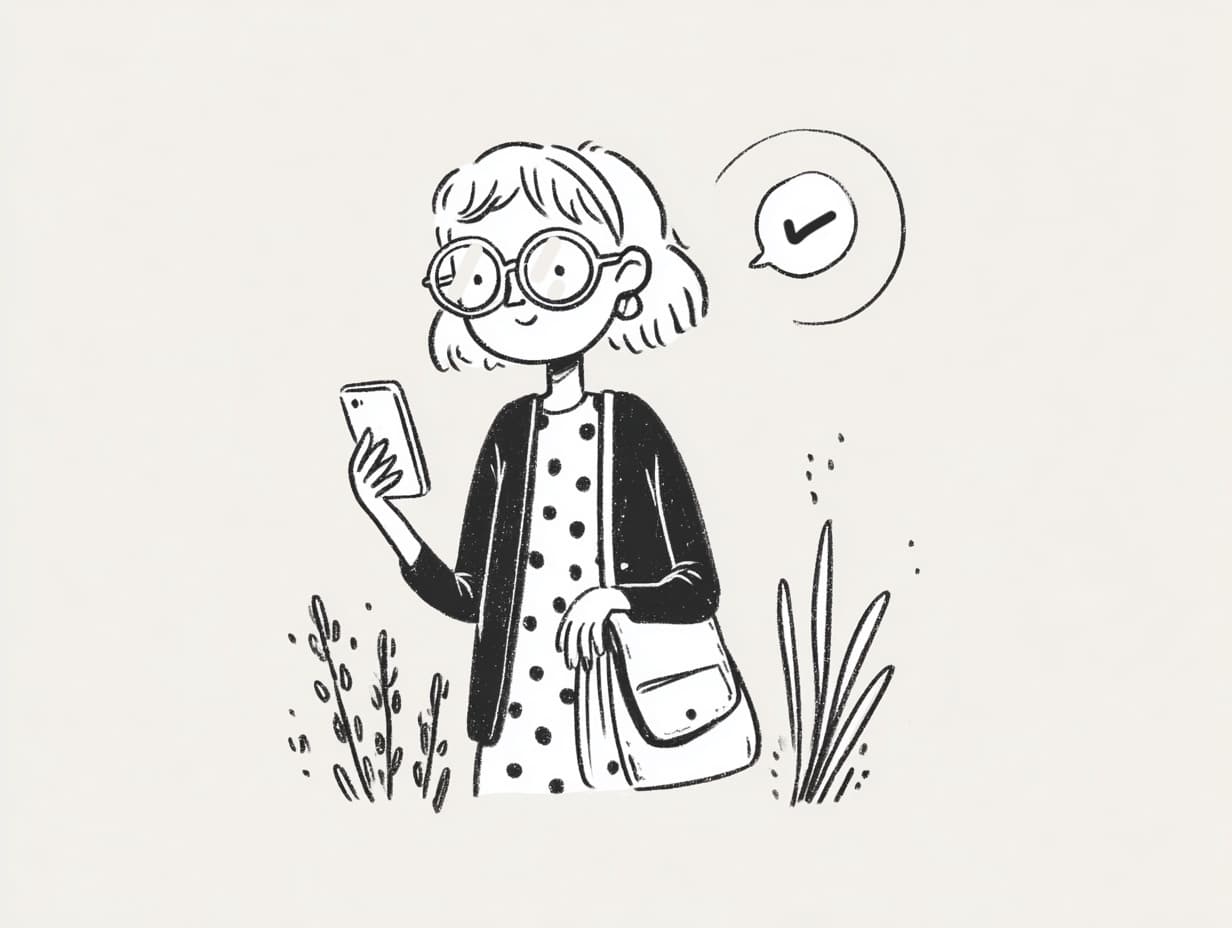 Ilustraci&oacute;n en blanco y negro de una persona con gafas usando un tel&eacute;fono m&oacute;vil