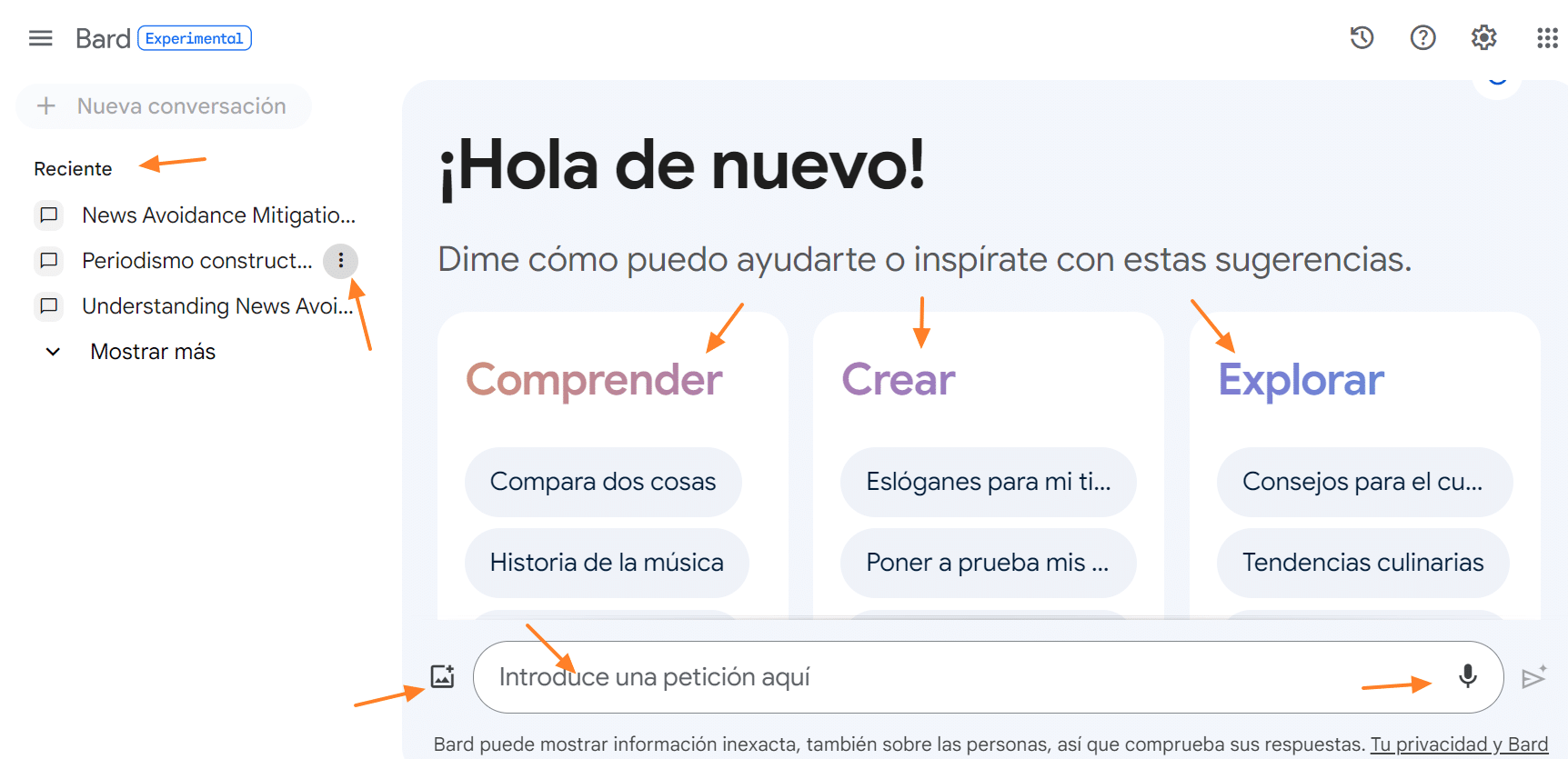 Interfaz moderna del asistente Google Gemini mostrando opciones de comprensi&oacute;n, creaci&oacute;n y exploraci&oacute;n