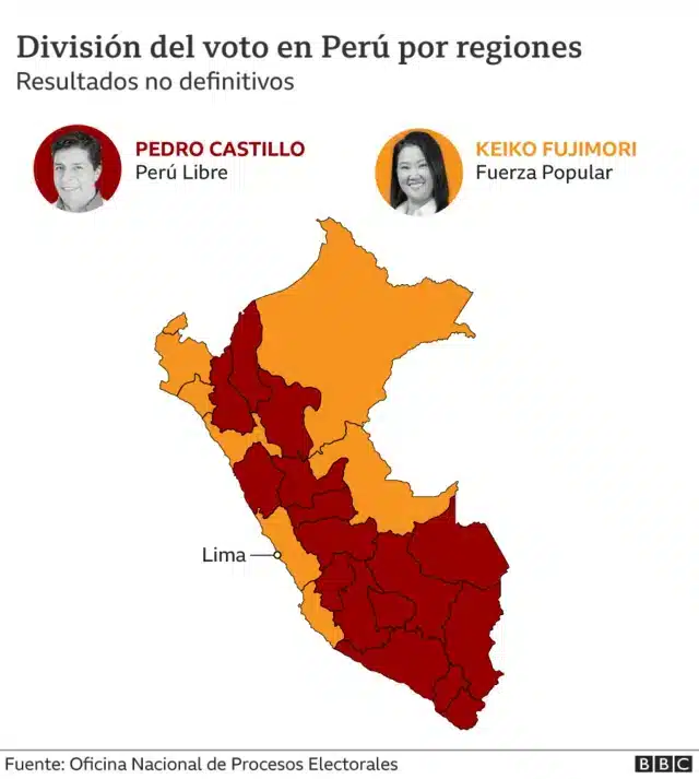 Mapa de Per&uacute; mostrando la divisi&oacute;n del voto por regiones