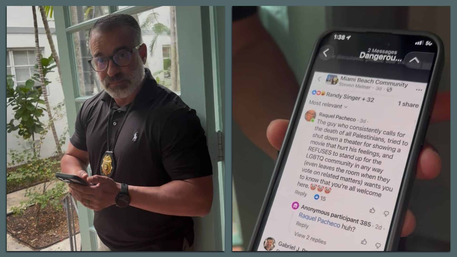 Oficial de polic&iacute;a en la entrada de una casa, con un comentario de Facebook visible criticando a un funcionario