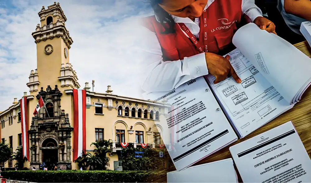 Edificio de la Municipalidad de Miraflores y documentos de auditoría de la Contraloría