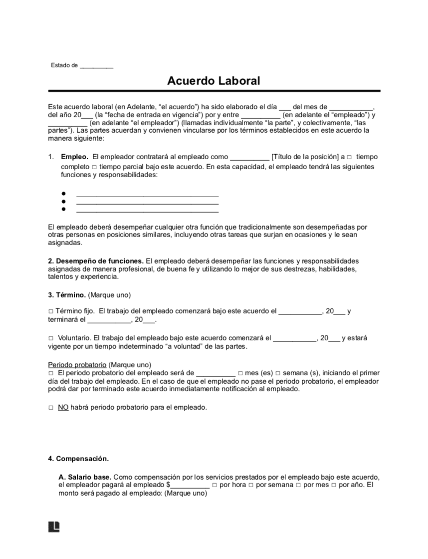 Documento de acuerdo laboral que ilustra la naturaleza de los contratos y la presentaci&oacute;n de trabajos