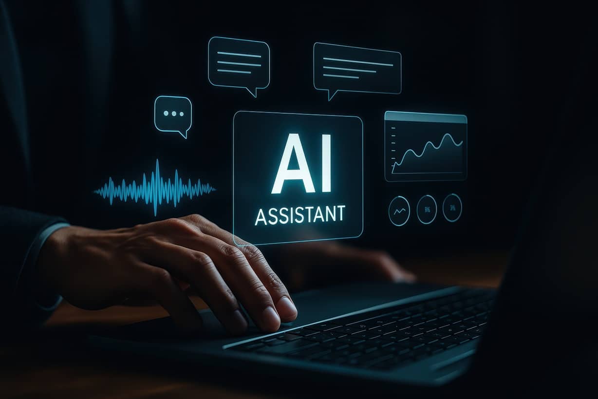 Mano interactuando con un teclado y gr&aacute;ficos de inteligencia artificial
