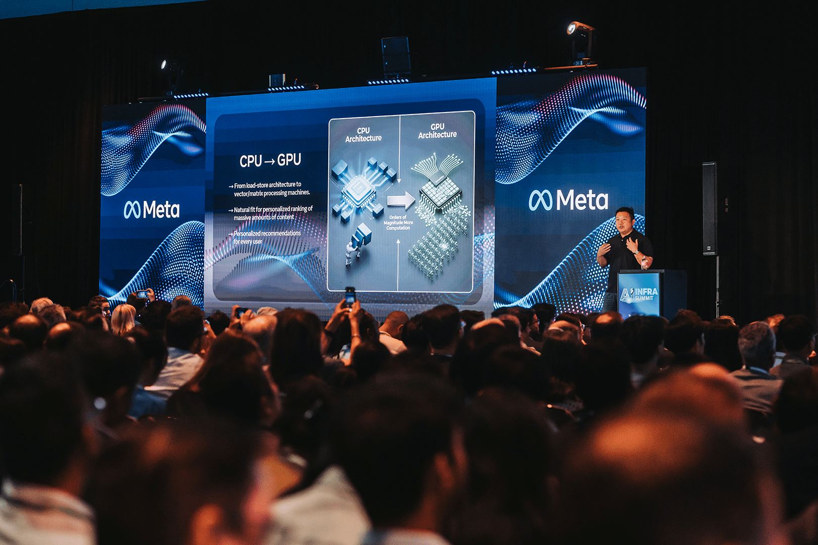 Audiencia en el Meta Infra Summit atenta a una presentación técnica sobre arquitecturas de CPU y GPU para IA