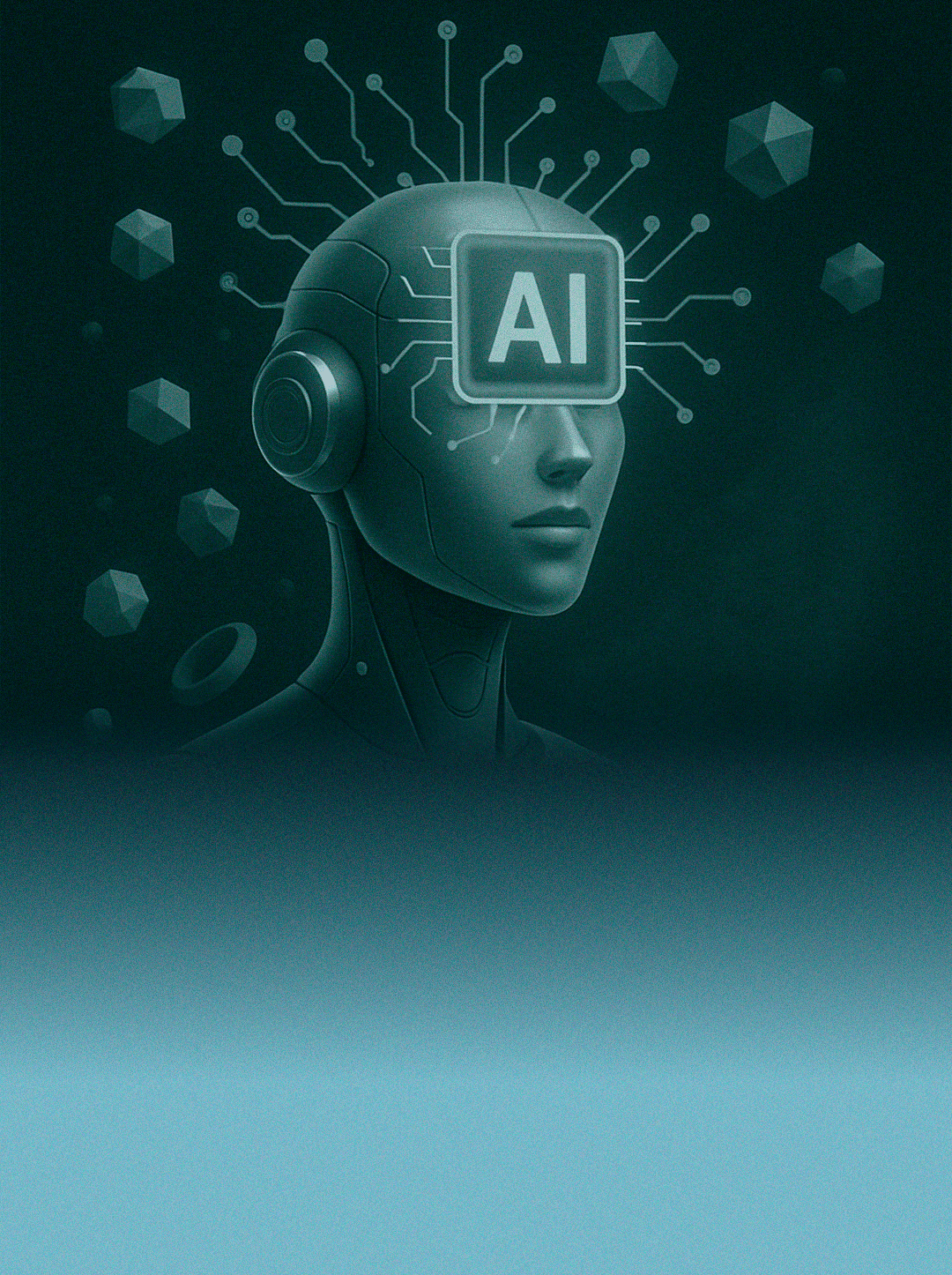 Ilustración futurista de un humanoide con circuitos y la palabra AI, representando la inteligencia artificial avanzada