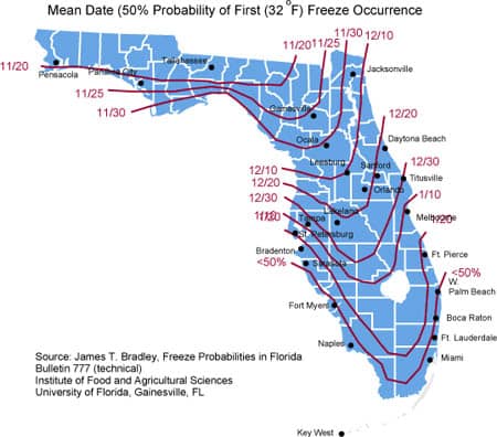Mapa de Florida mostrando las fechas promedio de la primera helada