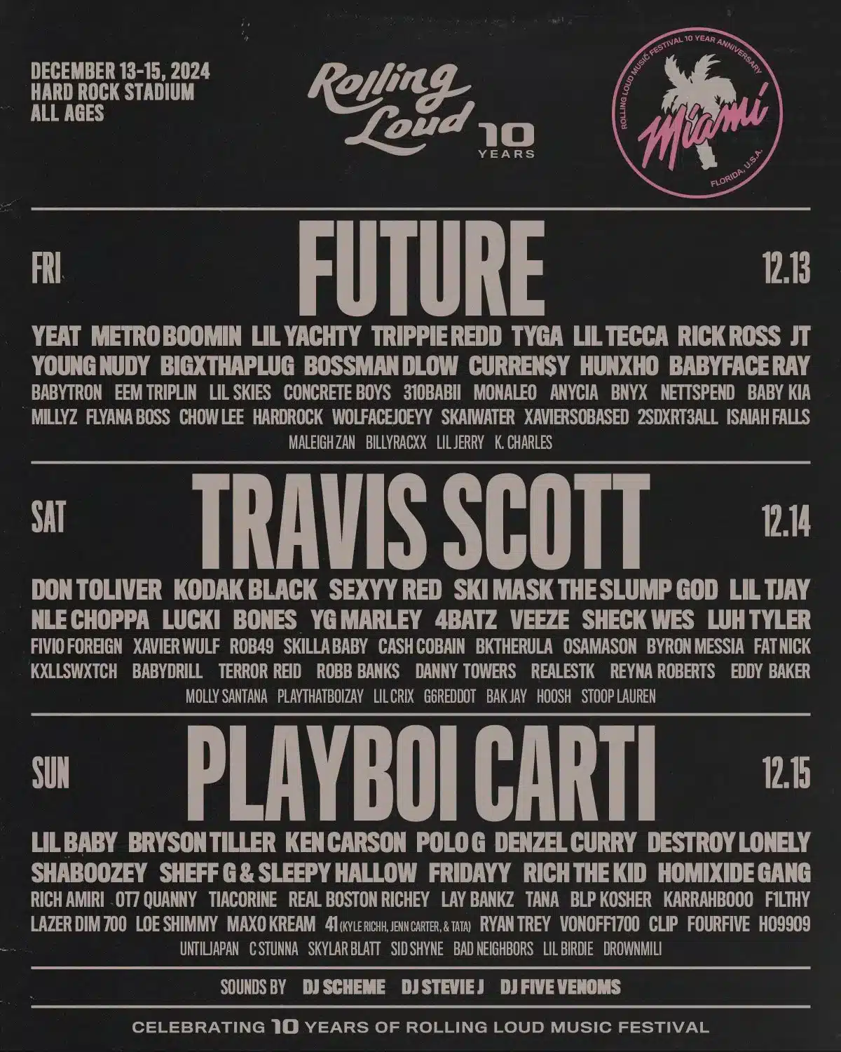 Cartel del festival Rolling Loud en Miami con artistas como Future y Travis Scott