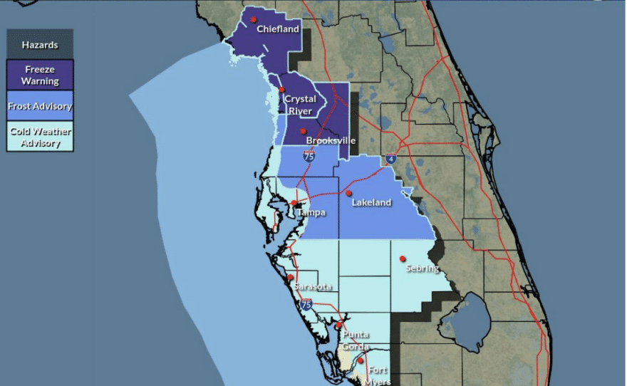 Mapa de alertas de clima fr&iacute;o en Florida mostrando avisos de congelaci&oacute;n y consejos de fr&iacute;o