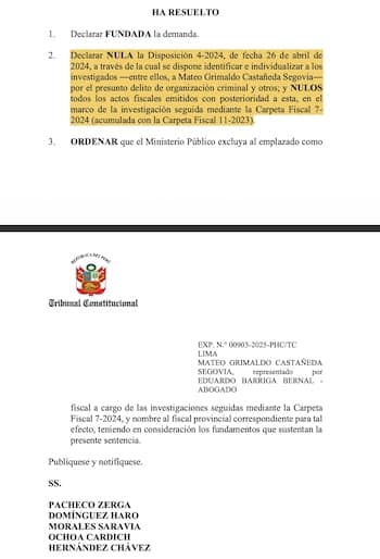 Fragmento de la resoluci&oacute;n del TC que anula decisiones sobre la investigaci&oacute;n a Mateo Casta&ntilde;eda