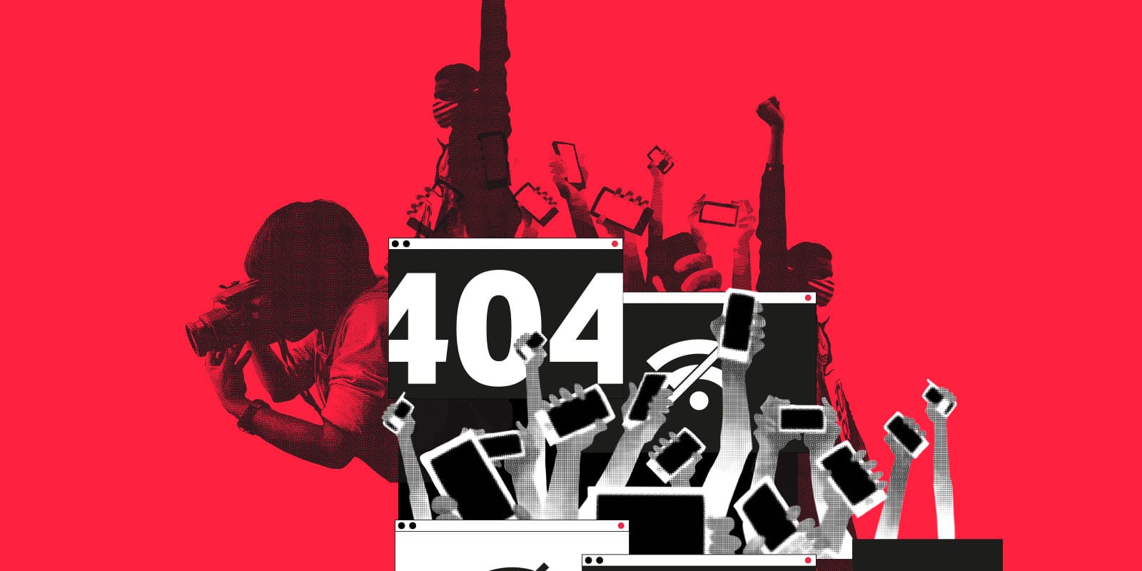 Manos sosteniendo tel&eacute;fonos y una c&aacute;mara sobre fondo rojo, con s&iacute;mbolo de error 404