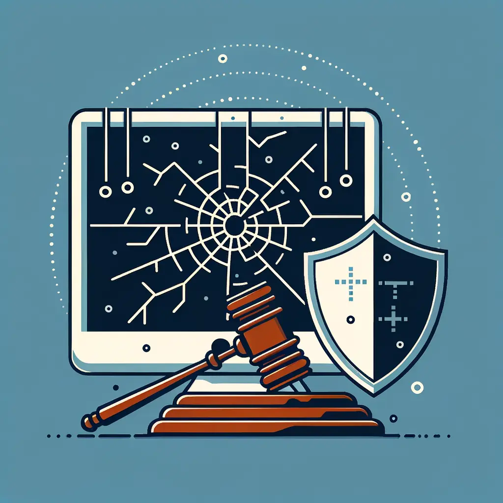 Computadora con pantalla quebrada, mazo de juez y escudo, simbolizando la justicia y la transparencia en el caso